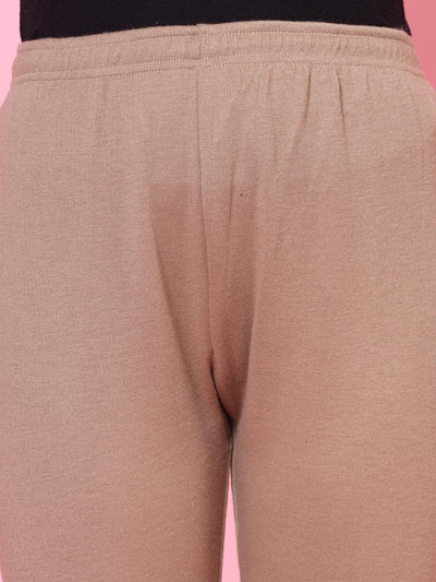 Black and dark fawn solid woolen leggings with elasticated waistband and drawstring.