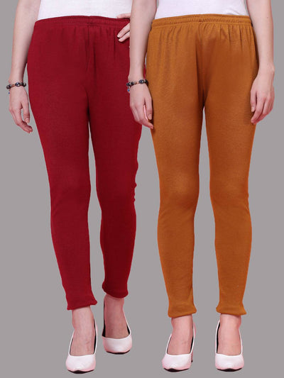 Maroon and mustard solid woolen leggings pack with elasticated waistband and drawstring closure.