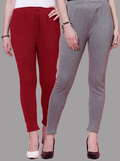 Maroon and grey solid woolen leggings pack with elasticated waistband and drawstring closure.