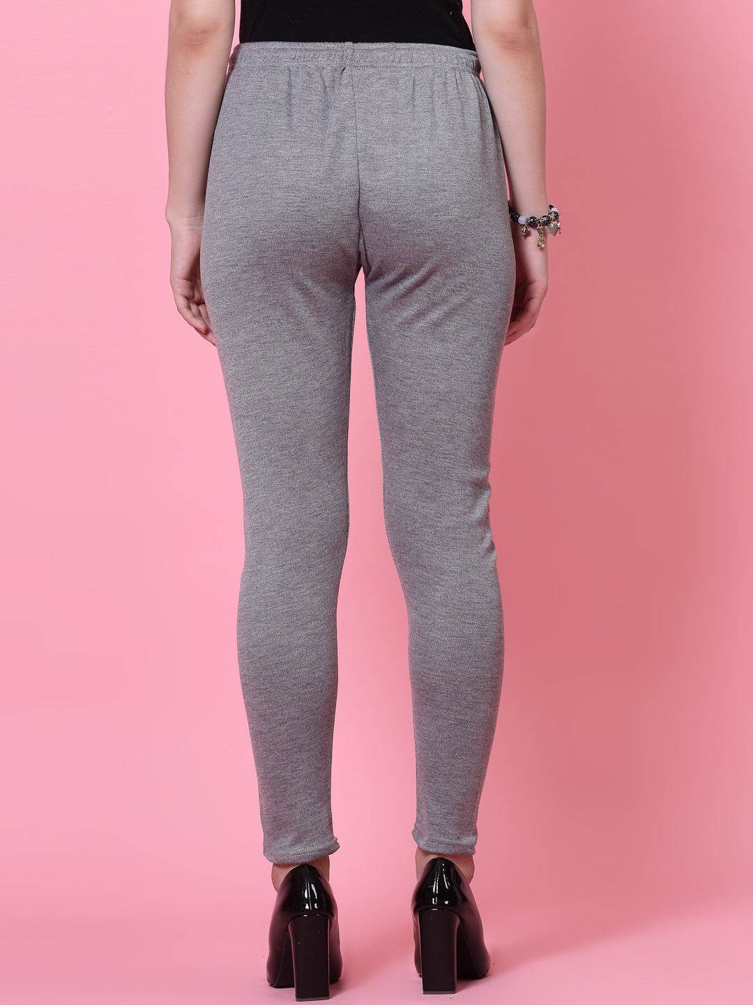 Maroon and grey solid woolen leggings with elasticated waistband and drawstring.