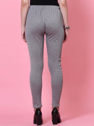 Maroon and grey solid woolen leggings with elasticated waistband and drawstring.