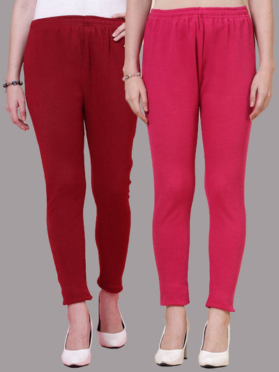Maroon and magenta solid woolen leggings pack with elasticated waistband and drawstring closure.