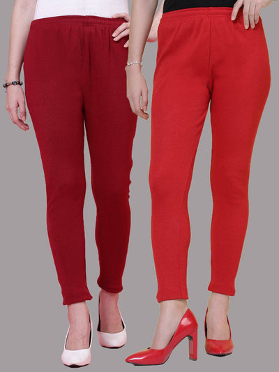 Maroon & red solid woolen leggings pack with elasticated waistband and drawstring closure.