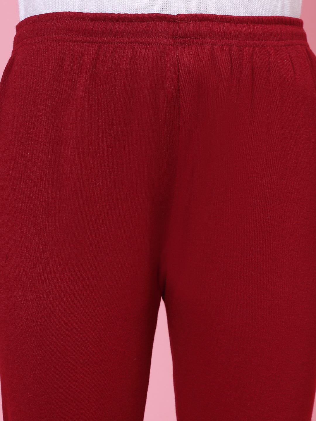 Maroon and red woolen leggings with elastic waistband and drawstring closure.