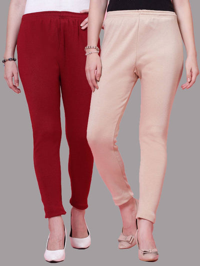 Maroon and light fawn solid woolen leggings pack of 2 with elasticated waistband.