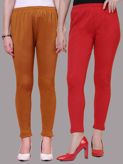 Mustard and red solid woolen leggings with elastic waistband and drawstring closure, pack of 2.