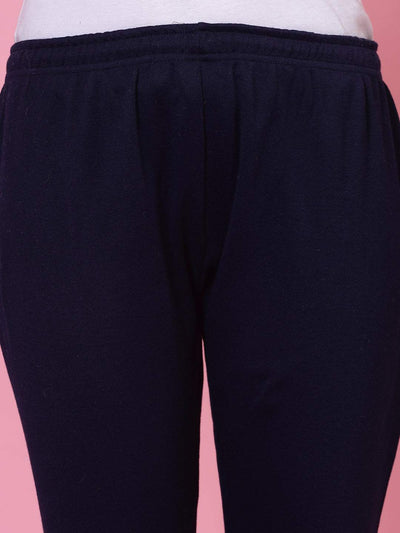 Navy Blue Solid Woolen Leggings with Elasticated Waistband and Drawstring