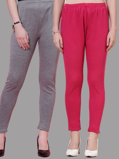 Grey and Magenta Solid Woolen Leggings Pack of 2 with Elasticated Waistband and Drawstring Closure.