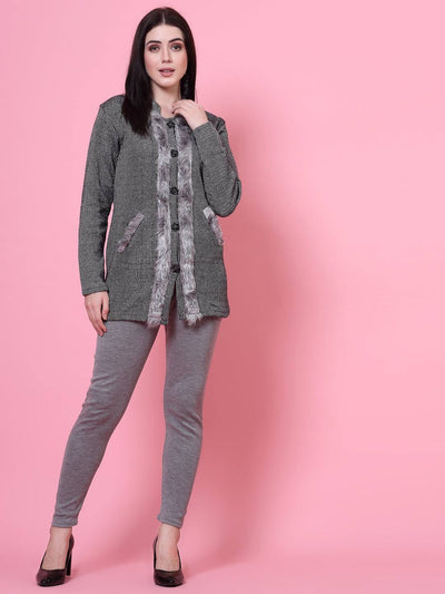 Grey and magenta solid woolen leggings pack with elasticated waistband and drawstring closure.