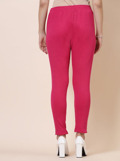 Grey and magenta solid woolen leggings pack with elasticated waistband and drawstring closure.