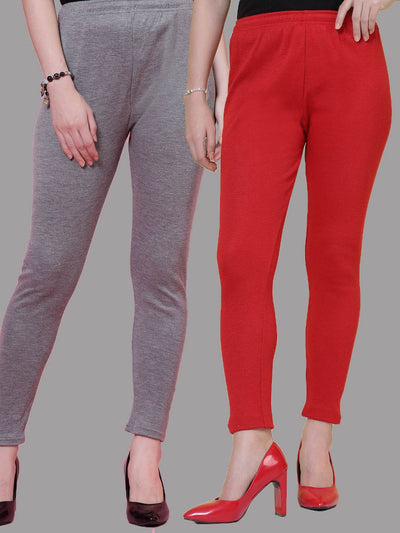 Grey and red solid woolen leggings pack of 2 with elastic waistband and drawstring closure.