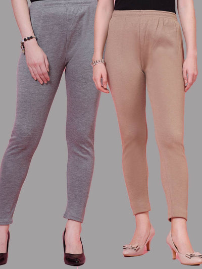 Grey and dark fawn solid woolen leggings pack with elastic waistband and drawstring.
