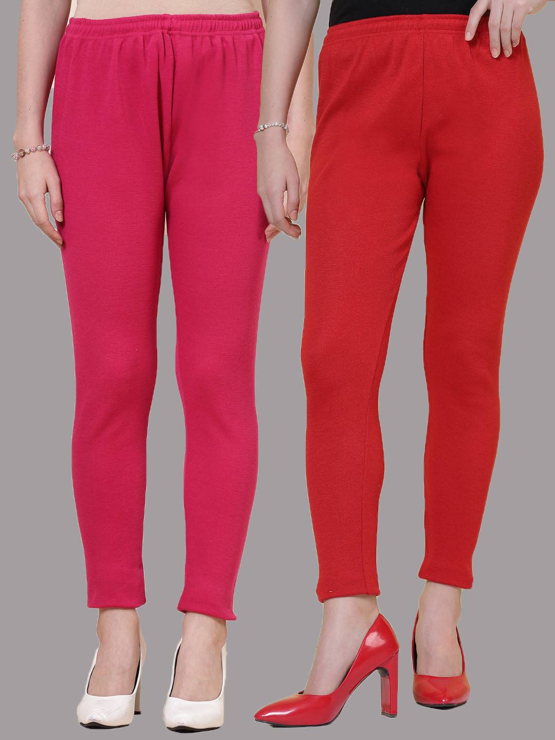 Magenta and red solid woolen leggings pack with elasticated waistband and drawstring closure.