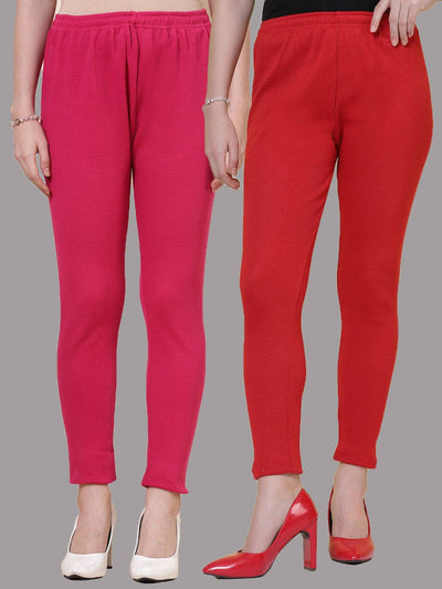 Magenta and red solid woolen leggings pack with elasticated waistband and drawstring closure.