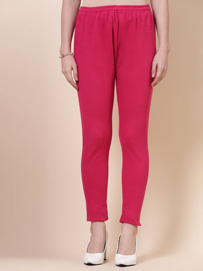 Magenta and red solid woolen leggings pack with elasticated waistband and drawstring closure.
