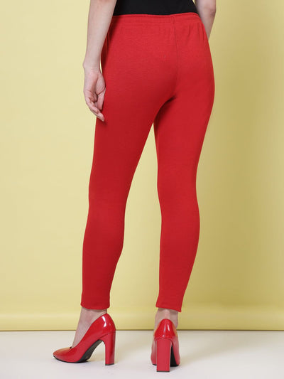 Magenta and red solid woolen leggings pack with elasticated waistband and drawstring closure.