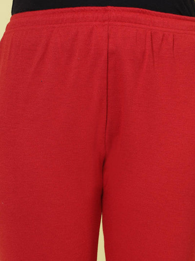 Magenta & Red Solid Woolen Leggings with elasticated waistband and drawstring.