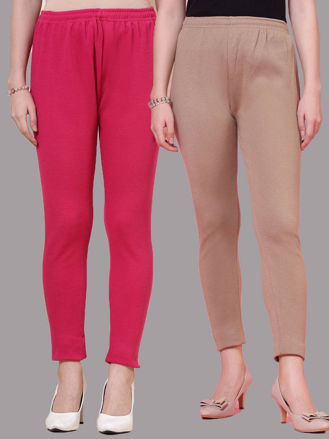 Magenta and dark fawn solid woolen leggings pack with elasticated waistband and drawstring closure.
