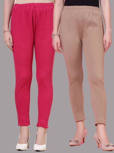 Magenta and dark fawn solid woolen leggings pack with elasticated waistband and drawstring closure.