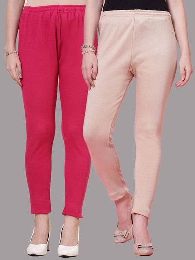 Magenta and light fawn solid woolen leggings pack of two with elastic waistband and drawstring closure.