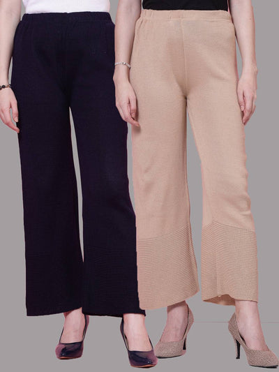 Navy blue and beige solid woolen palazzo pack with elasticated waistband and slip-on closure.