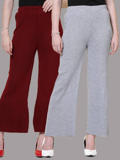 Maroon and light grey solid woolen palazzo pack with elasticated waistband.