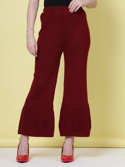 Maroon solid woolen palazzo with elasticated waistband.