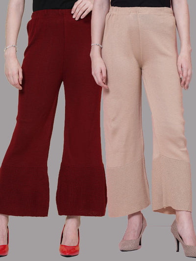Maroon and beige woolen palazzo pants with elasticated waistband.