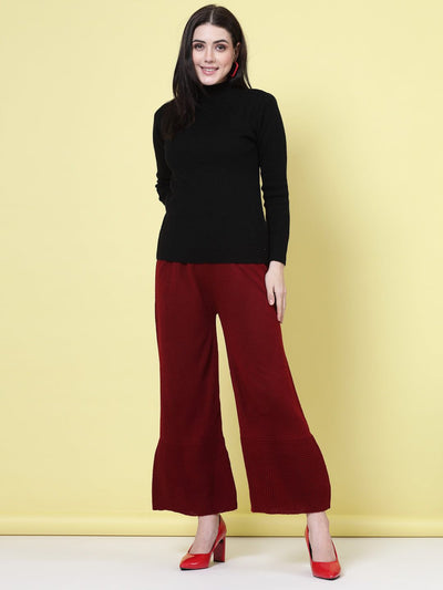 Maroon woolen palazzo pants with elasticated waistband.