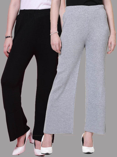 Black and light grey solid woolen palazzo pack with elastic waistband.