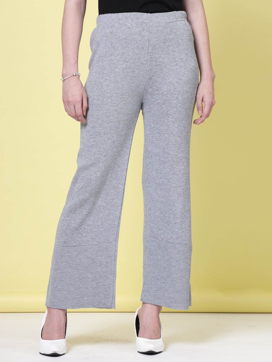Black & light grey solid woolen palazzo with elasticated waistband.