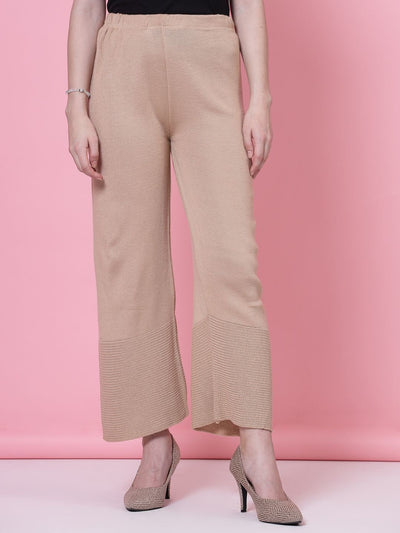 Black & Beige solid woolen palazzo with elasticated waistband.