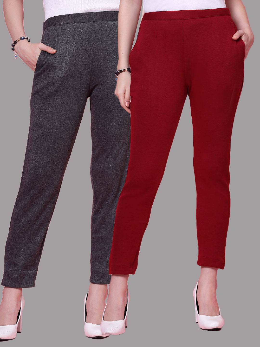 Dark grey and maroon solid woolen trousers pack with elasticated waistband and side pockets.