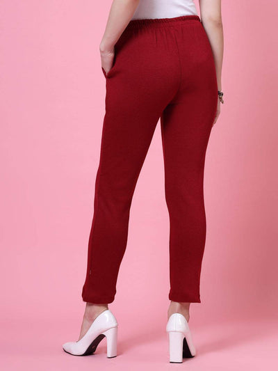 Dark grey and maroon woolen trousers with elastic waistband and side pockets.