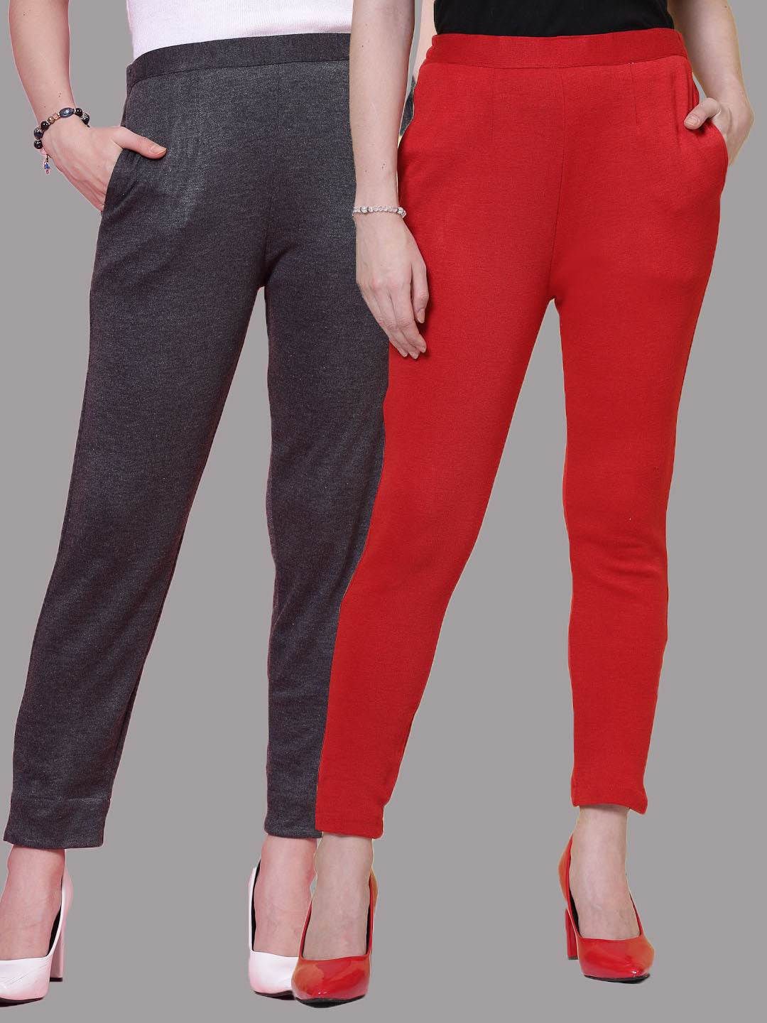 Dark grey and red solid woolen trousers with elastic waistband and side pockets.