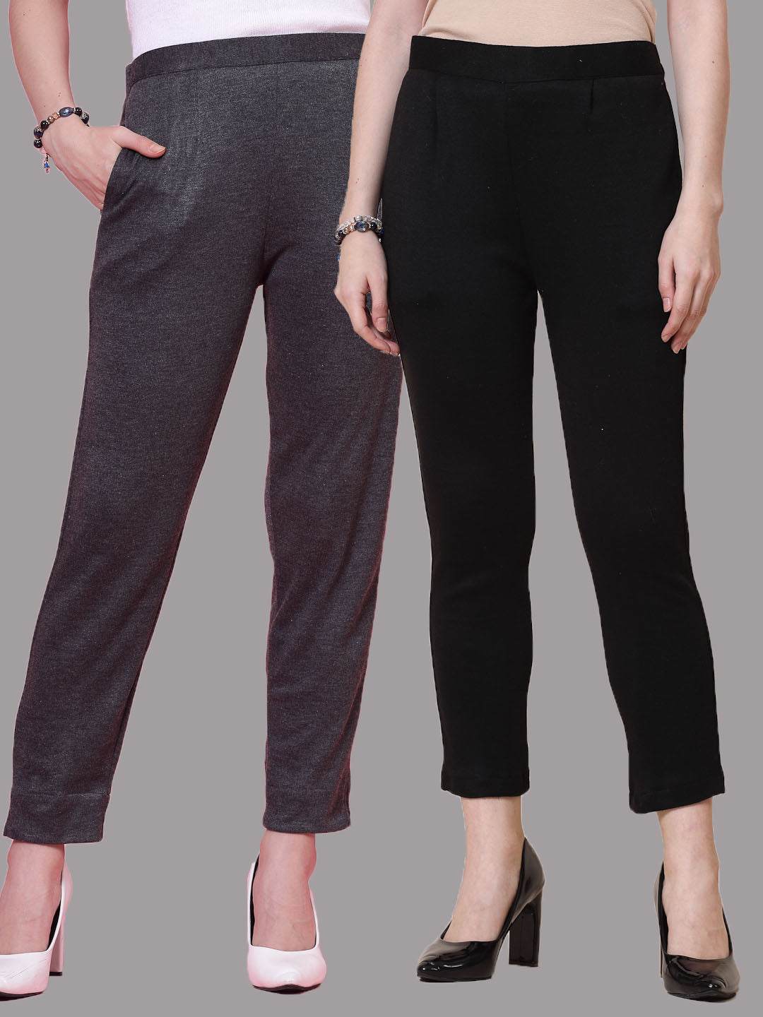 Dark grey and black solid woolen trouser pack of 2 with elasticated waistband and side pockets.