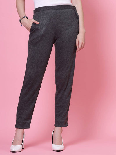 Dark grey solid woolen trouser with elasticated waistband and side pockets.