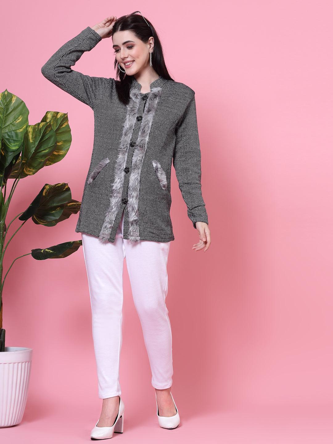 Grey Solid Woolen Afghani Salwar with elastic waistband on pink background.
