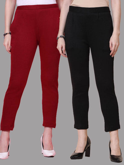 Maroon and black solid woolen trousers with elasticated waistband and side pockets.