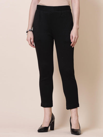 Maroon and black solid woolen trousers pack with elasticated waistband and side pockets.