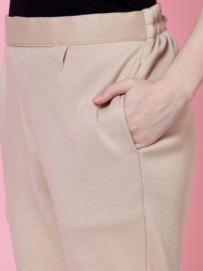 Maroon and light fawn solid woolen trouser pack with elasticated waistband and side pockets.