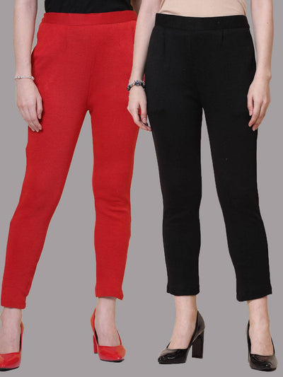 Red and black solid woolen trousers pack with elasticated waistband and side pockets.