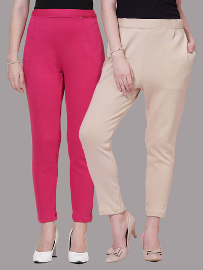 Magenta and light fawn woolen trousers pack with elasticated waistband and side pockets.