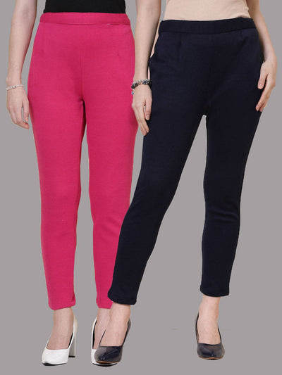 Magenta and navy blue solid woolen trousers pack with elasticated waistband and side pockets.