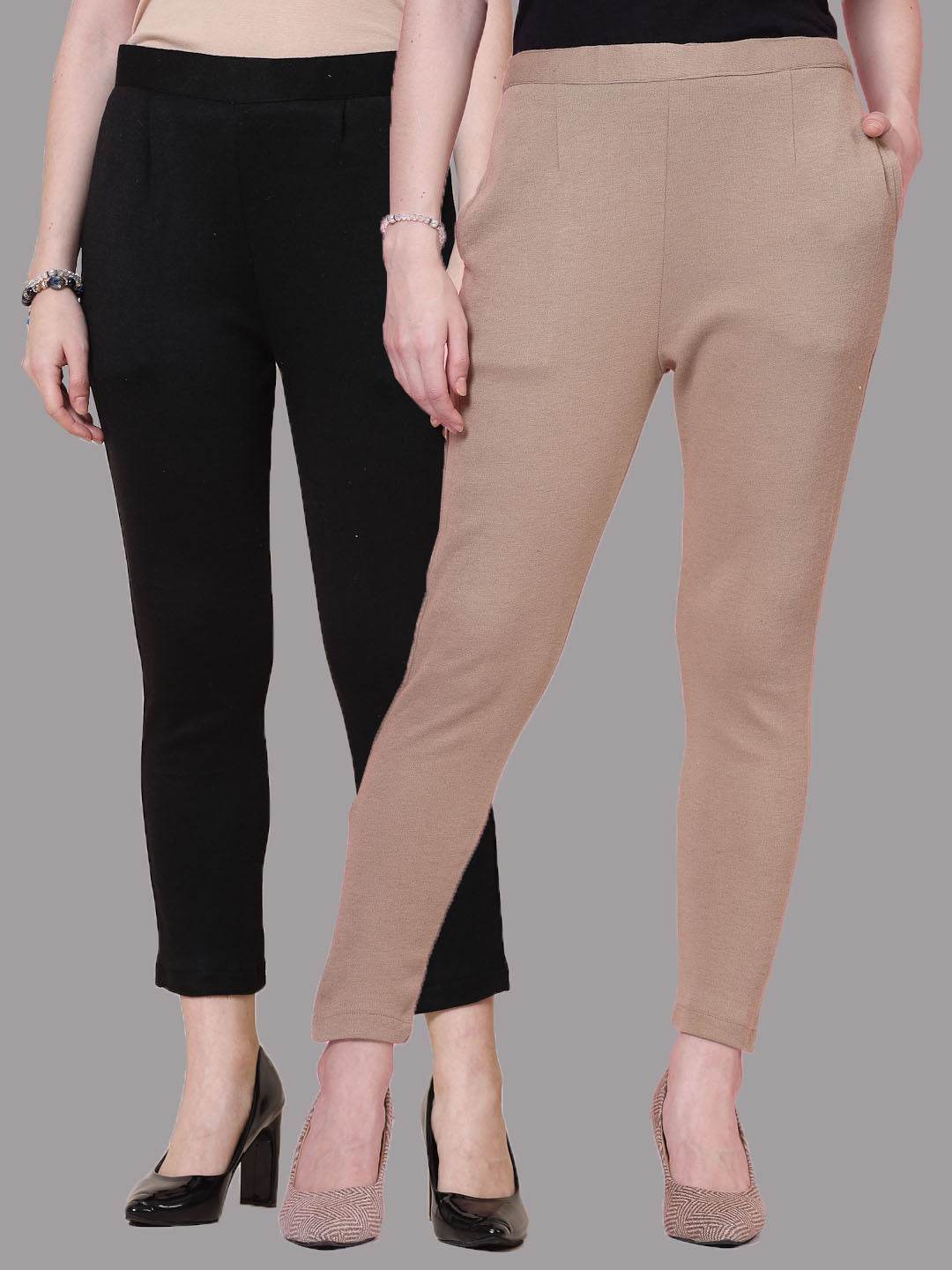 Black and dark fawn solid woolen trouser pack with elastic waistband and side pockets.