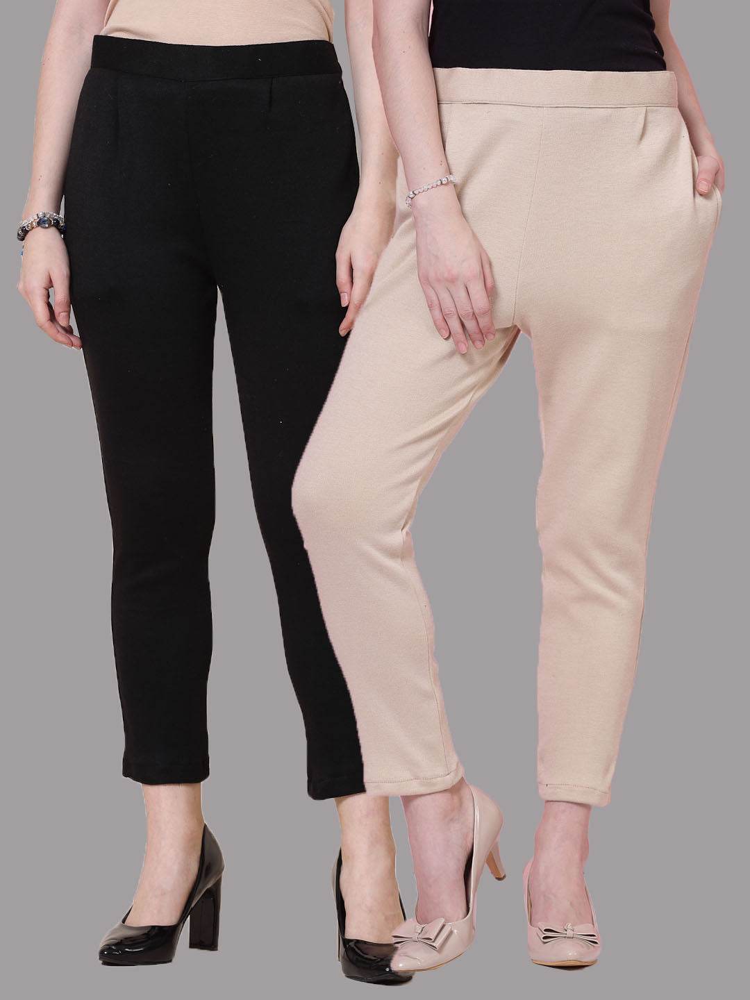 Black & Light Fawn Solid Woolen Trouser Pack with Elastic Waistband and Pockets