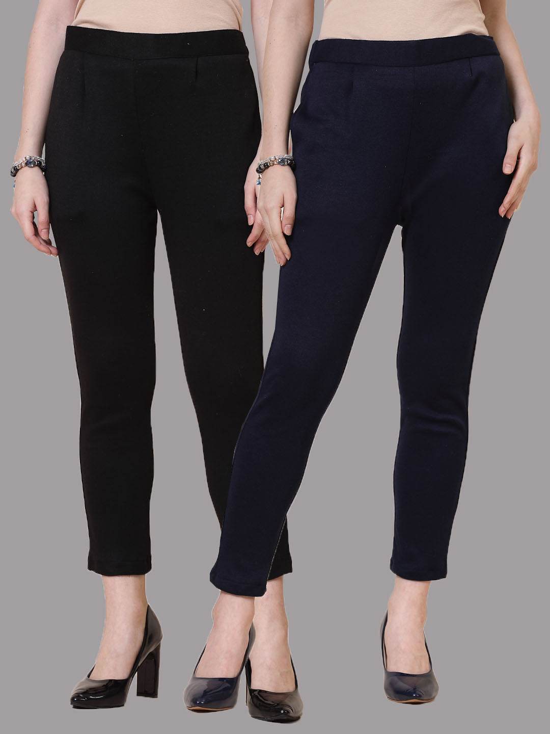 Black & Navy Blue Solid Woolen Trouser Pack with elasticated waistband and side pockets.