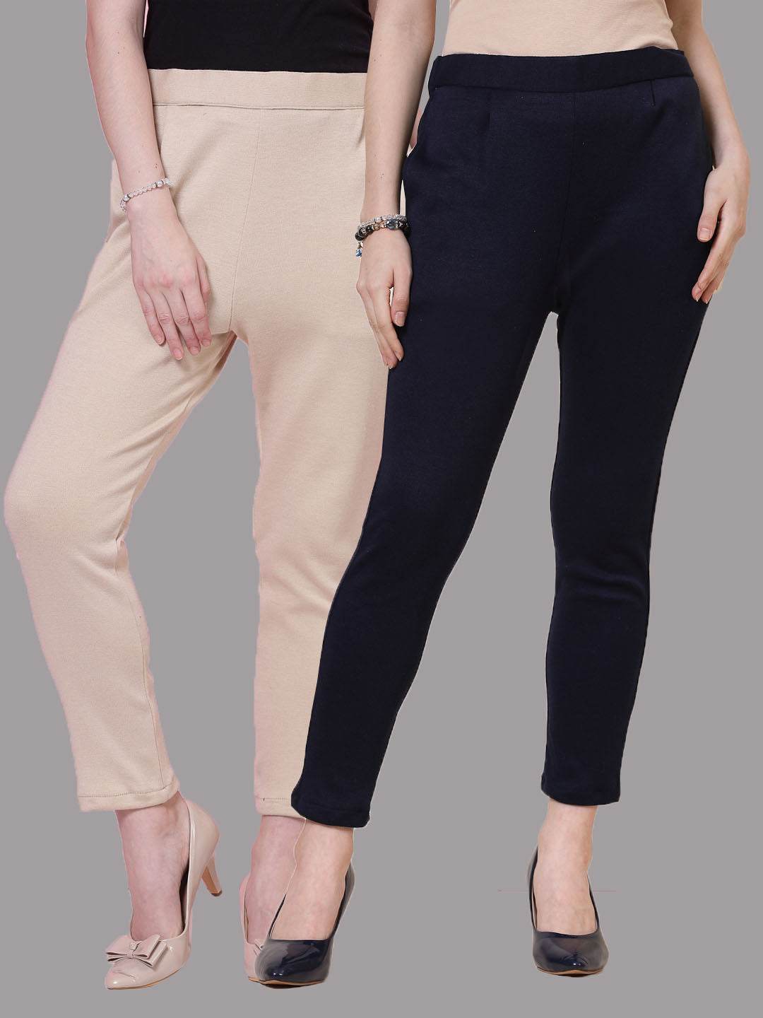 Pack of two light fawn and navy blue solid woolen trousers with elasticated waistband and side pockets.