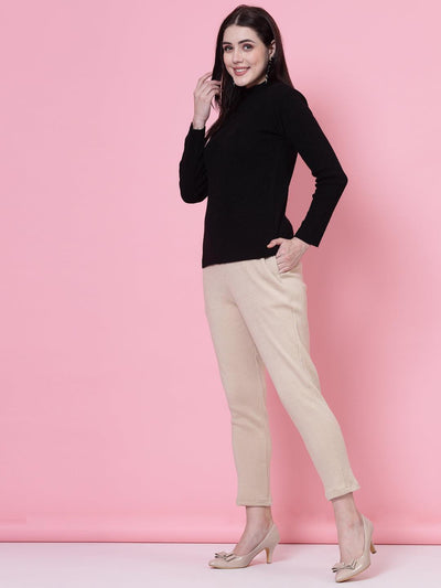 Light fawn solid woolen trouser with elasticated waistband and side pockets, featuring slip-on closure.