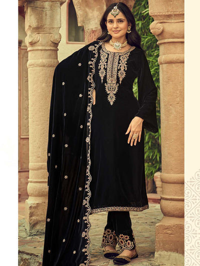 Black Embroidered Velvet Kurta with Dupatta Set